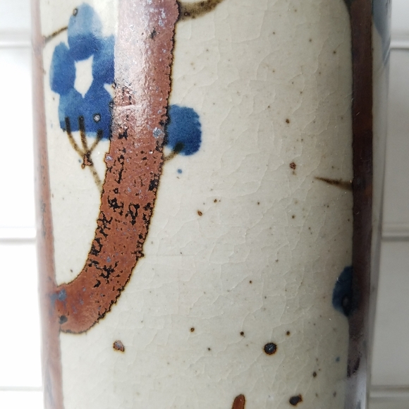 JAPANESE STONEWARE Cylindrical Vase Vintage Rustic - Picture 8 of 8